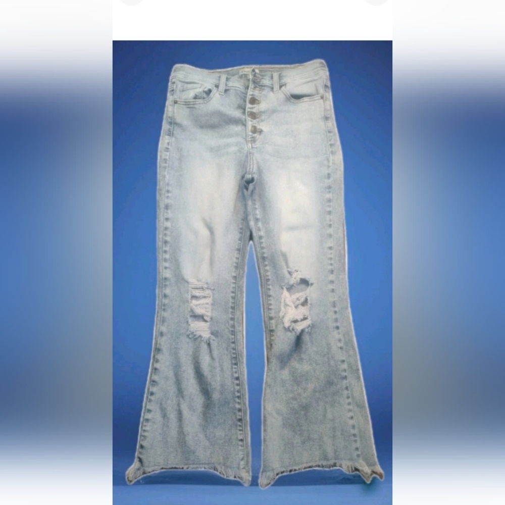 Sneak Peek Womens Jeans Sz 27 Button Fly Distressed Bell Bottom Flare Raw Hem